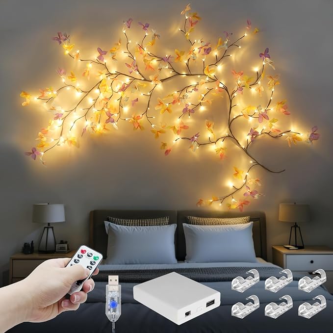 FNHMSL Butterfly Enchanted Willow Vine Lights, 4FT 48LED 3 Color Butterfly Blossom Tree Branch Lights for Wall with USB Battery Box, Remote Timer,8 Light Model, Bedroom Wall Doors Wedding, Christmas