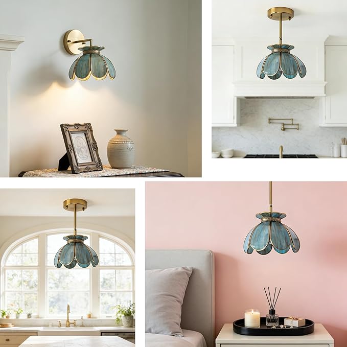 Vintage Brass Ceiling Pendant Light with Stained Lotus Flower Stained Glass Shade,Oriental Hanging Lamp or Wall Sconces Dual-Purpose, for Kitchen Island Dining Room Bedroom Living Room-7.9" Shade