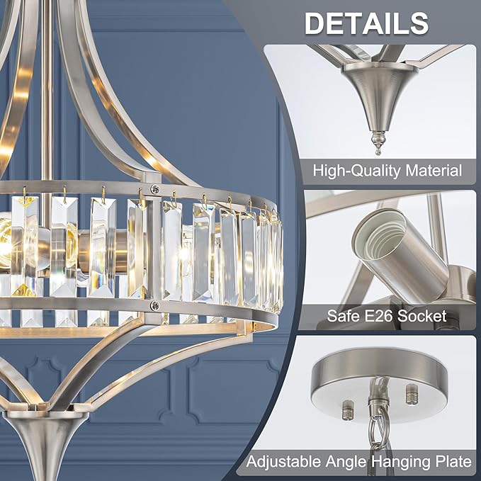 Brushed Nickel Bathroom Chandeliers for Dining Room,15.7" Modern Round Crystal Chandelier Over Tub,4-Light Unique Pendant Light Fixtures for Entryway Foyer Living Room Bedroom Kitchen Island