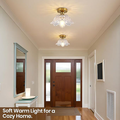 Vintage Flush Mount Ceiling Light with Clear Embossed Glass Shade, Brass Finish Ceiling Light Fixture, Semi Flush Mount Ceiling Light for Hallway Bedroom Entryway.Bulbs Not Included