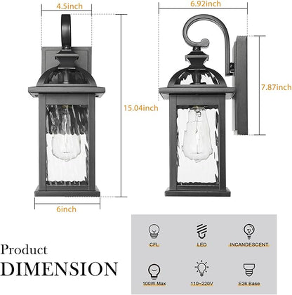 Darkaway Outdoor Lights Fixture Wall Mount, Exterior Wall Light with Water Ripple Glass Waterproof Black Outside Wall Sconce for House Porch Hallway Garage