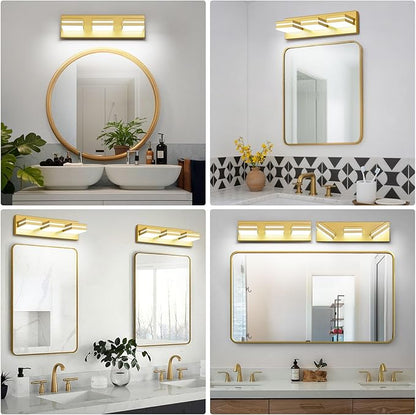 Modern LED Small Bathroom Lights Fixtures 3-Light,Metal Gold Acrylic Wall Lighting,Vanity Lights for Bathroom Over Mirror 6000k 16in