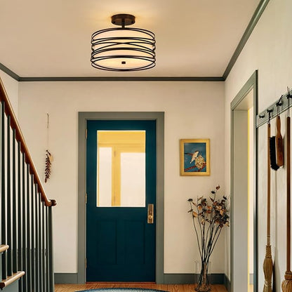 Drum Semi Flush Mount Ceiling Light Fixture, Black Matal & Linen Fabric Shade Ceiling Light, Modern Farmhouse Close to Ceiling Light for Bedroom, Hallway, Entryway, Dining Room, Laundry Room
