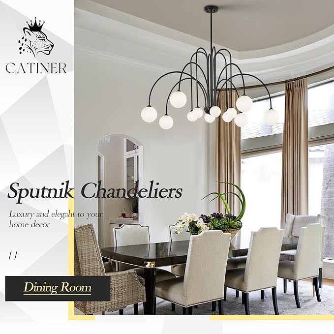CATINER Black Sputnik Chandeliers 12 Lights Modern Chandelier for High Ceiling Large L52”Mid Century Ceiling Pendant Light Fixtures with Milk Glass Globe Shades for Living Dining Room Foyer Staircase