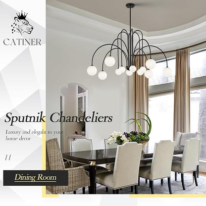 CATINER Black Sputnik Chandeliers 12 Lights Modern Chandelier for High Ceiling Large L52”Mid Century Ceiling Pendant Light Fixtures with Milk Glass Globe Shades for Living Dining Room Foyer Staircase