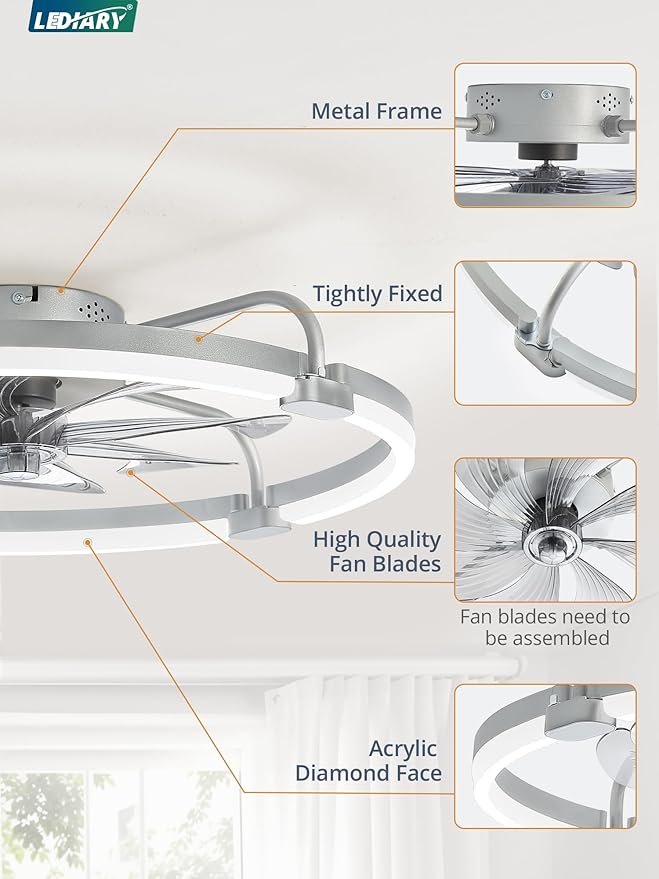 LEDIARY Ceiling Fans with Lights and Remote, 24'' Low Profile Ceiling Fan with Light, 3000-6000K Dimmable Fandelier LED Fan Light, 6 Wind Speeds, Grey Modern Flush Mount Ceiling Fan for Bedroom