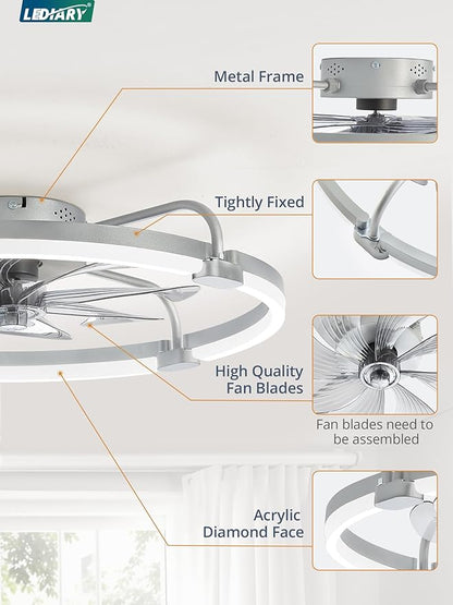 LEDIARY Ceiling Fans with Lights and Remote, 24'' Low Profile Ceiling Fan with Light, 3000-6000K Dimmable Fandelier LED Fan Light, 6 Wind Speeds, Grey Modern Flush Mount Ceiling Fan for Bedroom