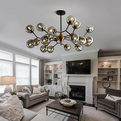 hesoge 20 Light Extra Large Sputnik Chandelier Mid Century Modern Black and Gold Ceiling Light Fixture with Glass Globe Pendant Light Hanging for Dining Room Kitchen Living Room Foyer.
