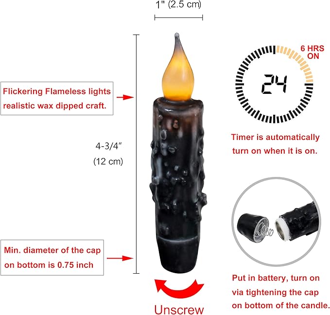 CVHOMEDECO. Real Wax Hand Dipped Battery Operated LED Timer Taper Candles Country Primitive Flameless Lights Décor, 4-3/4 Inch, Matt Black, 3 PCS in a Package