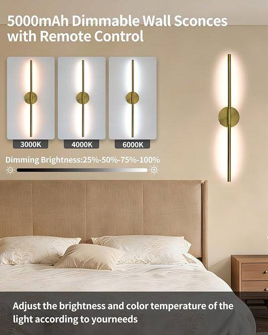 Wireless Wall Sconces Set of 2 ，28Inch Battery Operated Wall Lights with Remote Control，360°Rotate Dimmable led Wall Lamp for Living Room and Hallway (Gold)
