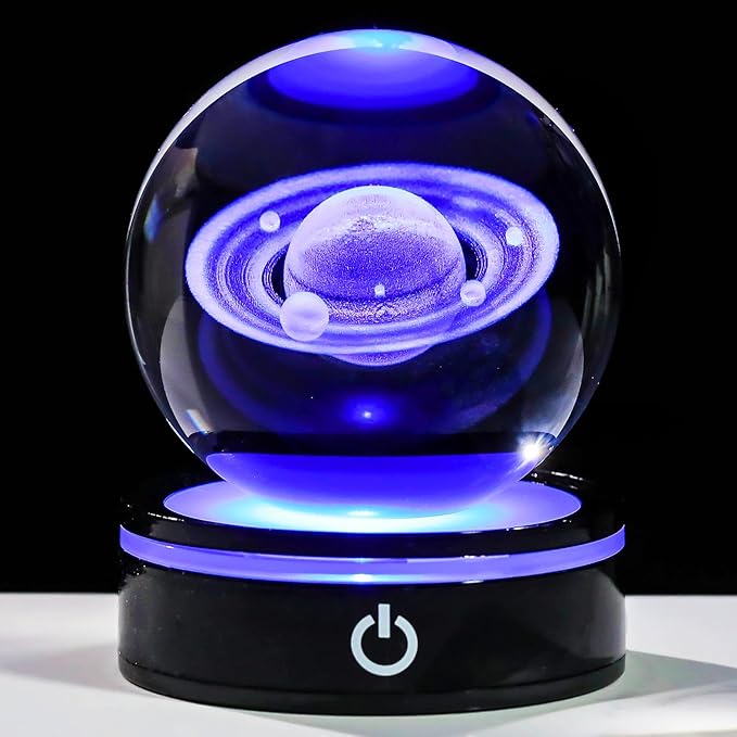 YWHL 3D Saturn Crystal Ball with LED Light Base, 3D Laser Engraved Glass Sphere Galaxy Crystal Ball for Home Decorations, Planet Saturn Lamp Gifts for Mother's Day Birthday Christmas (80mm)