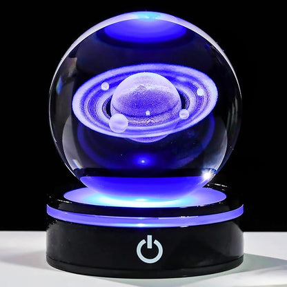 YWHL 3D Saturn Crystal Ball with LED Light Base, 3D Laser Engraved Glass Sphere Galaxy Crystal Ball for Home Decorations, Planet Saturn Lamp Gifts for Mother's Day Birthday Christmas (80mm)
