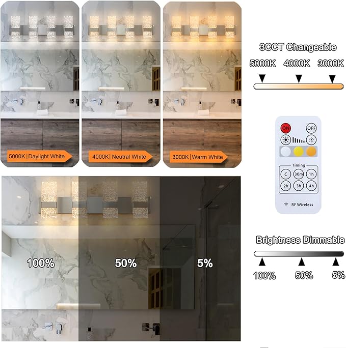 Modern Brushed Nickel 4 Lights Bathroom Vanity Light, Eleglant Nickel LED Bathroom Light Fixtures over Mirror, Dimmable Acrylic Shade Wall Lighting Fixtures, Hardwired Wall Light(H9.25in, L28.35in)
