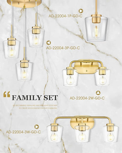 Pendant Lights Kitchen Island 2 Pack, 6" Brushed Gold Hanging Lights Fixtures with Clear Glass Shade, Modern Brass Kitchen Pendant Lighting Over Island for Dining Room, AD-22004-1P2-GD-C