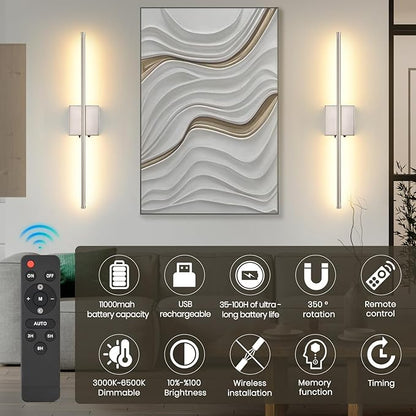 Brushed Nickel Battery Operated Wall Sconces Set of 2, 11000mAh Wireless Rechargeable Wall Lights with Remote Control, 350°Rotate Dimmable Wall Lamp, 3 Color Temperatures, for Bedroom, Living Room