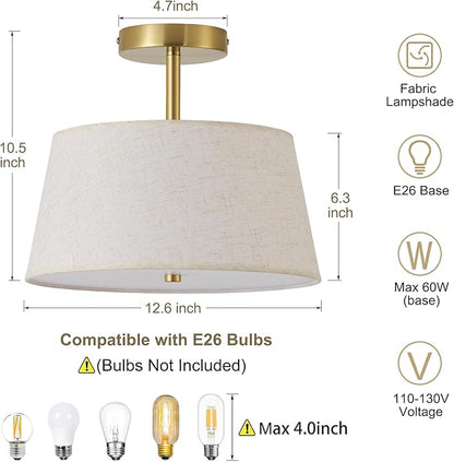 12.6" Gold Semi Flush Mount Ceiling Light Fixture, Modern Close to Ceiling Light with Fabric Lamp Shade for Bedroom Hallway Nursery Living Room Kitchen Island(T-Shape Gold)