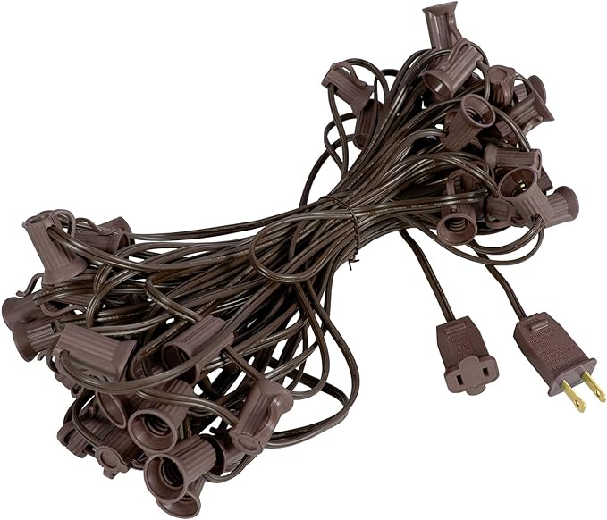 Novelty Lights 50 Foot String Light Set - Indoor/Outdoor Stringer Set for Christmas, Wedding Decor, Patios, & More - C7/E12 Intermediate Base (Brown Wire, 12" Spacing)