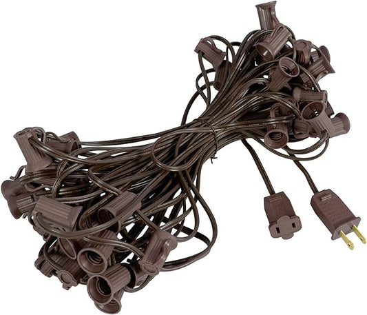Novelty Lights 50 Foot String Light Set - Indoor/Outdoor Stringer Set for Christmas, Wedding Decor, Patios, & More - C7/E12 Intermediate Base (Brown Wire, 12" Spacing)