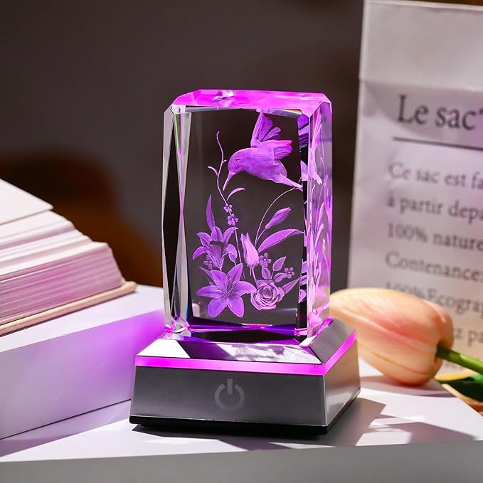 3D Hummingbird Mothers Day Gifts for Mom Women Glass Figurines Crystal Humming Bird Lily Flower Statue Home Decor with Light Base, Present for Nature Lovers on Birthday Christmas