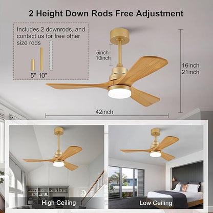 42 Inch Ceiling Fans with Lights and Remote, Dimmable LED Light, Quite Reversible DC Motor,Memory Function,Modern Solid Wood Indoor Outdoor Ceiling Fan with Light for Patio Office (Gold)