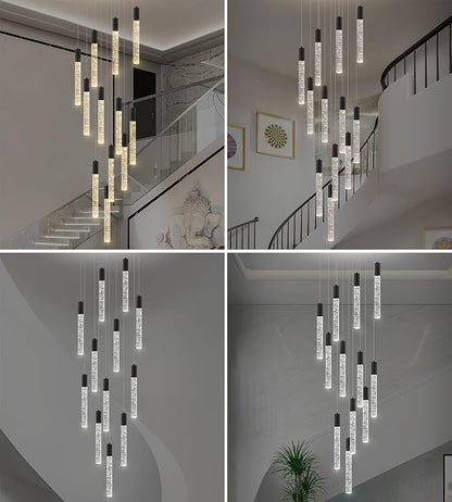 12-Lights High Ceiling Crystal Chandelier, Modern Large LED Raindrop Pendant Light Fixture 98.5" H Flush Mount Chandelier Black for Foyer Staircase Villa Living Room