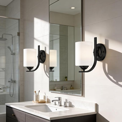 2-Pack Wall Sconces for Bedroom and Bathroom, Matte Black Farmhouse Wall Light Fixtures with Glass Shade, Modern Vanity Wall Lamps for Living Room, Hallway, Kitchen