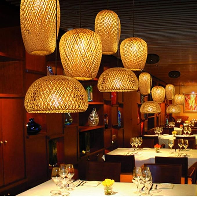 Bamboo Lantern Pendant Lamp, Retro Japanese Style E27 Chandelier Hanging Light Ceiling Lighting Fixture for Living Room Bedroom Restaurant Cafe Teahouse Bar Dining Room Club
