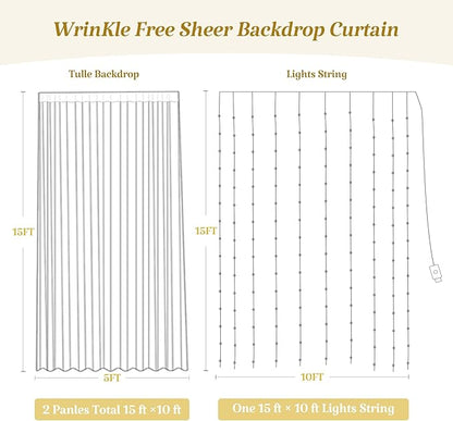 10×15ft White Tulle Backdrop Curtain with Lights String for Parites Sheer Fabric Backdrop Curtains White Curtain Backdrop for Wedding Baby Shower Birthday Party Bridal Shower Photo Shoot Background