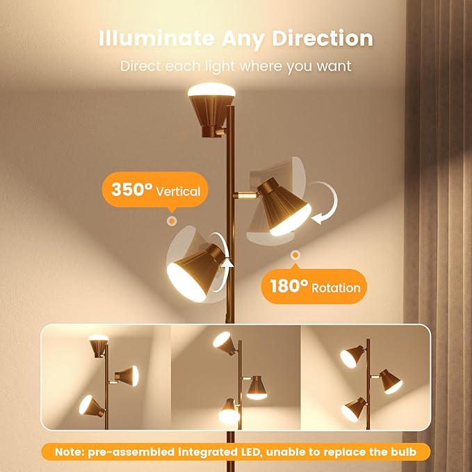 SIBRILLE 36W LED Tree Floor Lamp, Dimmable Tall Standing Lamp with Remote & Touch Control, 4 Color Temperatures Bright Floor Lamp, 3 Rotatable Light Modern Floor Lamps