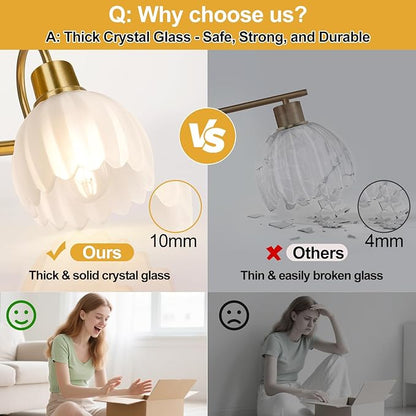 3-Light Bathroom Vanity Light, 20" Brushed Gold Bathroom Light Fixtures with Ribbed Frosted Clear Tulip Glass Shade, Vanity Lighting Fixtures Over Mirror for Bedroom Living Room Hallway