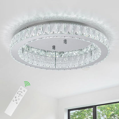 HOPGGIE 18" Crystal Chandelier with Remote Control LED Flush Mount Ceiling Light Fixtures Modern Round Ring Chandelier Light for Living Room Bedroom Dining Room (dimmable)
