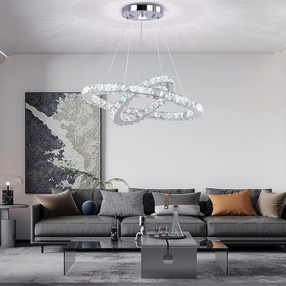 LED Modern Crystal Chandelier 19.7 x 11.8 inches Ceiling Pendant Light 2 Rings Adjustable Stainless Steel Lighting Fixtures Dining Room Living Room (White)