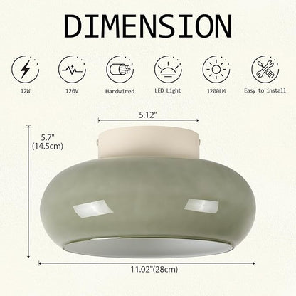 TeHenoo Modern LED Ceiling Light,11 inch,Olive Green Milk Glass Shade,3000K/Warm White/15W,Mid Century Flush Mount Light for Hallway,Laundry Room,Living Room