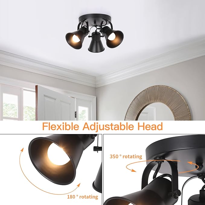 3-Light Industrial Track Lighting, Adjustable Round Kitchen Ceiling Light, Morden Black Flush Mount Directional Light for Kitchen, Hallway, Dining Room, Bathroom, Coffee Bar.