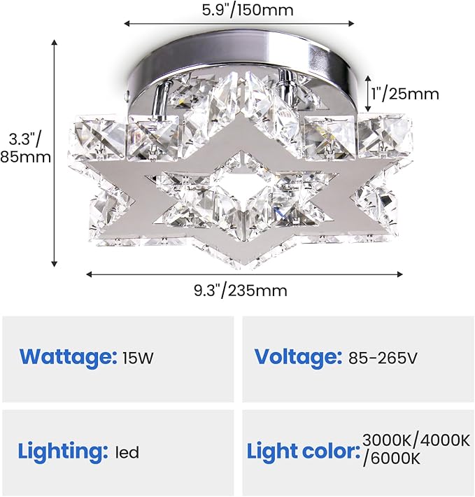 Mini LED Crystal Chandelier - Modern Dimmable Flush Mount Ceiling Light Fixture with Remote - Small Star Chandelier for Hallway, Foyer, Kitchen, Stair, Closet - 3 Colors Adjustable