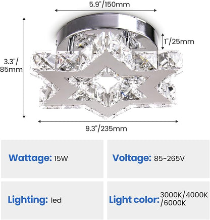 Mini LED Crystal Chandelier - Modern Dimmable Flush Mount Ceiling Light Fixture with Remote - Small Star Chandelier for Hallway, Foyer, Kitchen, Stair, Closet - 3 Colors Adjustable