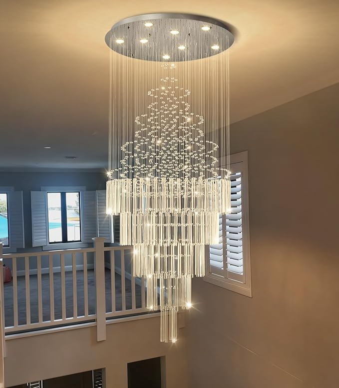 HAIXIANG W24 x H78 Crystal Glam Chandelier Long Light Chandeliers with Dimmable Light Bulbs High Ceiling Light Fixtures for Foyer Entryway Living Room Stair Silver