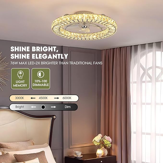 LUDOMIDE 22" Modern Crystal Chandelier Ceiling Fan With Light, Smart 4-Light Color Change, LED Fandelier, Low Profile for Bedroom (Silver)