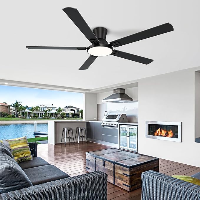 60 Inch Black Ceiling Fans with Lights and Remote, Flush Mount Low Profile 5 Blades Ceiling Fan with 10 Inch Lighting Fixture, Quiet Reversible DC Motor for Living Room, Bedroom and Patio