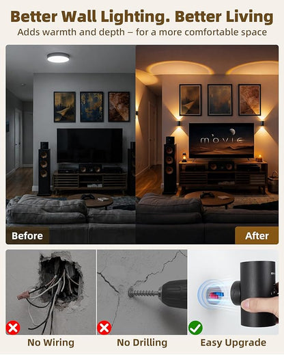 EZVALO Motion Sensor Wall Sconce with Remote, 4000mAh Rechargeable Battery Operated Wall Light, 3 CCT & 12 RGB Colors, Up & Down LED Lighting for Hallway, Stairway (Black, 1 Pack)