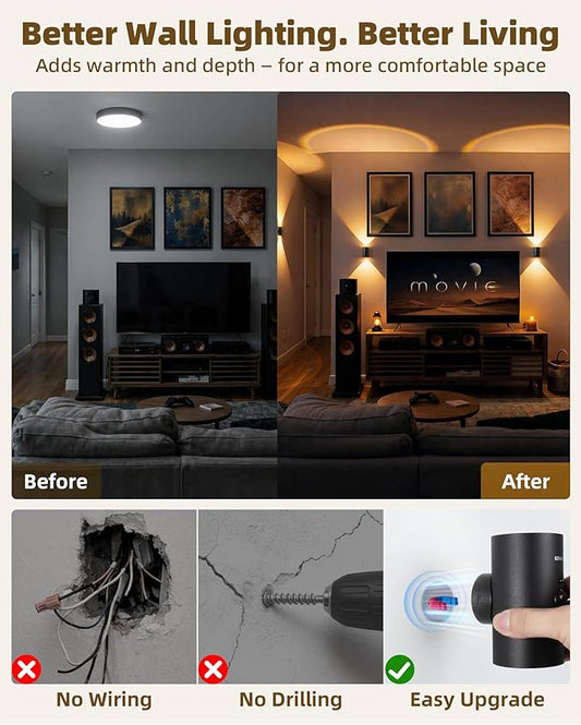 EZVALO Motion Sensor Wall Sconce with Remote, 4000mAh Rechargeable Battery Operated Wall Light, 3 CCT & 12 RGB Colors, Up & Down LED Lighting for Hallway, Stairway (Black, 1 Pack)