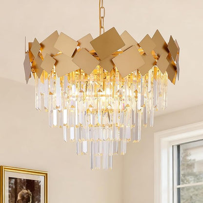 Modern Crystal Chandeliers Dining Room Chandelier over Table Gold Crystal Ceiling Pendant Light 24'' Chandelier k9 Luxury Hanging Lamp Fixtures Round Chandelier for Entryway Foyer Dining Room Bedroom