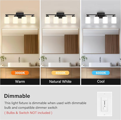 FonmYim Black Bathroom Light Fixtures, 4-Light Modern Vanity Light Over Mirror, Wall Sconces with Milky White Frosted Glass Shades, E26 Socket (Bulbs Not Included)