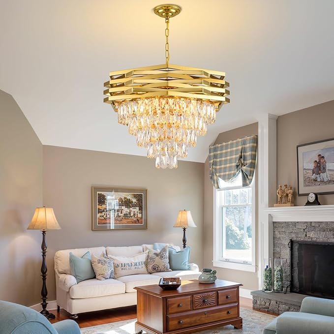 Gold Modern Crystal Chandelier 24" Round Chandeliers for Dining Room K9 5 Tiers Ceiling Pendant Light Fixtures Large Flush Mount Chandelier for Living Room Entryway Foyer Staircase