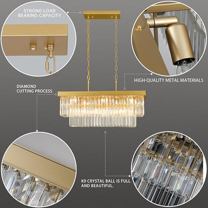 Weesalife Crystal Chandeliers for Dining Room Light Fixtures Over Table，9-Lights Gold Modern Rectangle Chandeliers for Kitchen Island Bar L28 Inch