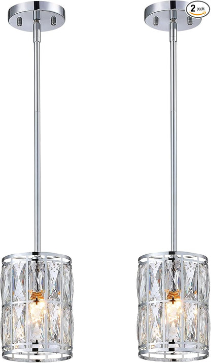 2-Pack Crystal Pendant Light, Modern Chrome Finish Hanging Lighting with Clear Crystal Chandelier, Adjustable Height Mini Island Light Fixture for Kitchen, Dining Room and Living Room