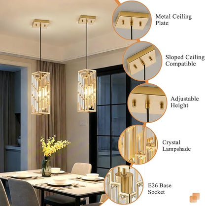 Gold Pendant Lights Kitchen Island, Adjustable Modern Pendant Light Fixtures 1 Pack, Mini Crystal Chandeliers for Dining Room Bedroom Foyer Hallway