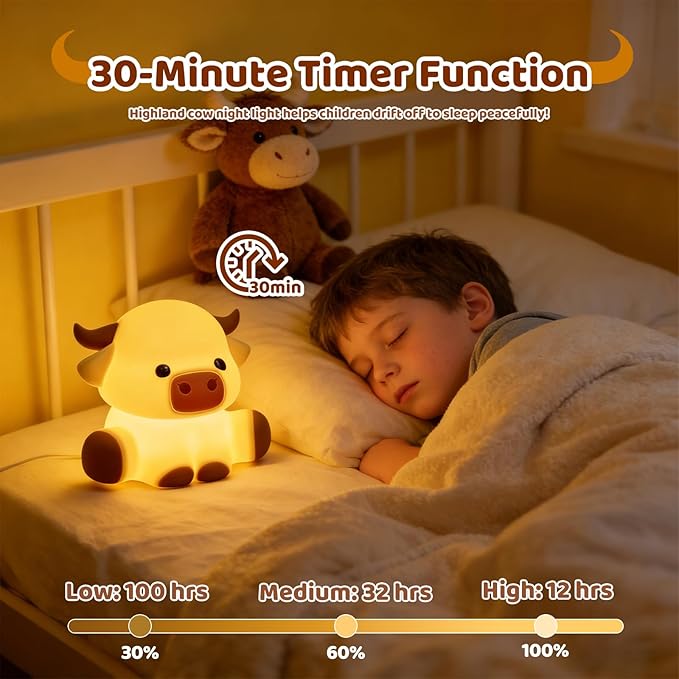 Cute Highland Cow Rechargeable Night Light, LED Touch Silicone Lamp for Bedroom with 7 Colors Timer and Dimmable Squishy Warm Light Night Lights, Animal Lamp for Bedroom Birthday Gift