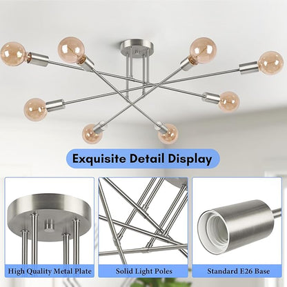 Modern Sputnik Chandelier 8-Light Industrial Ceiling Lights Fixture 32" Brushed Nickel Semi Flush Mount Ceiling Light with E26 Base Sputnik Lights Fixture for Dining Room Bedroom Hallway Living Room