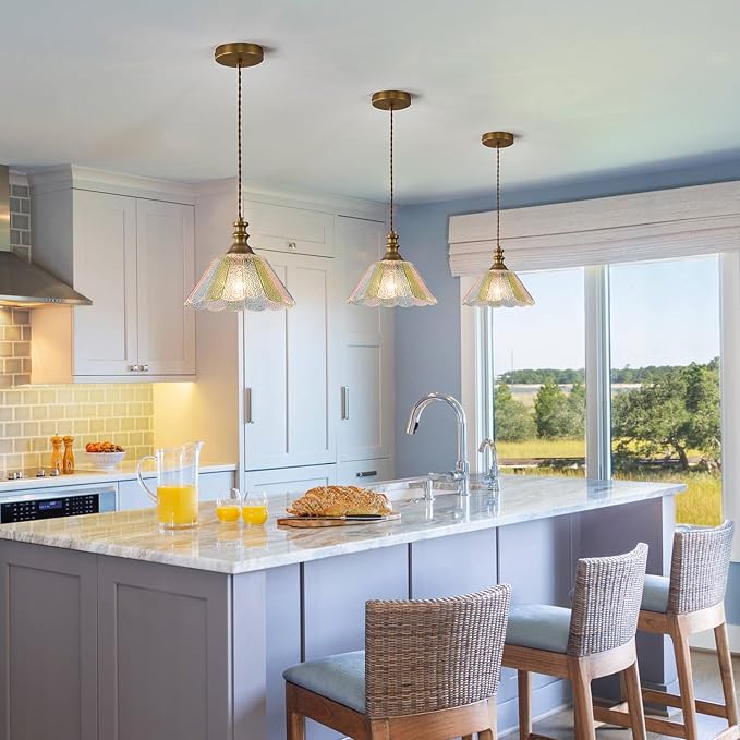 10.62-inch Hanging Light Fixture for Kitchen, Single-Light Island Pendant with Painted Glass Shade and Brass Finish, E26 Socket, Kitchen Island Pendant Light (Bulb not Included)